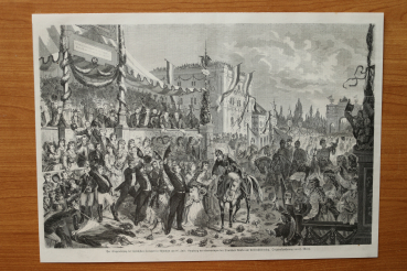 Holzstich München 1871 Siegeseinzug der bayrischen Truppen am 16 Juli: Empfang des Kronprinzen Am Universitätsplatz Bayern